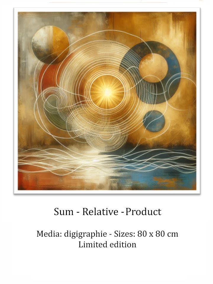 Sum, Relative, Product, Sum of the imperfect, Incomplete circles, Collective, Individual, Interaction, Circle ,Diversity, Unity, Intervals, Encounter, Friction of surfaces, Embracing forms ,Dialogue, Light at the center, Revelation, Broken yet whole, Fullness, Scar as beauty, Abstract composition, Geometric forms, Cosmic energy, Radiating lines, Contemporary art, françois Renno